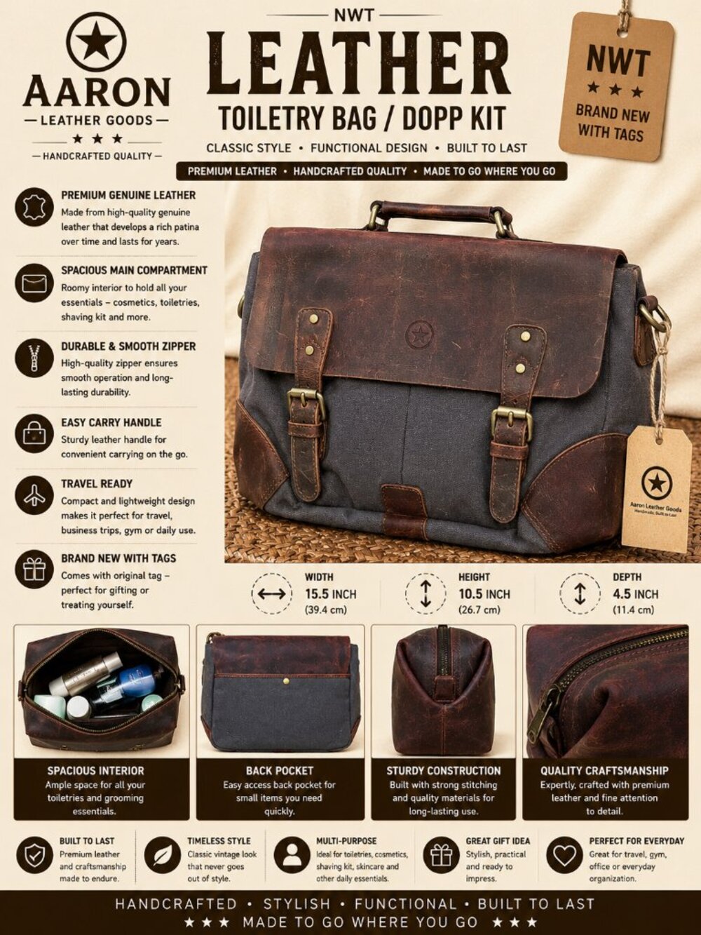 NWT Aaron Leather Goods Toiletry Bag with Handle